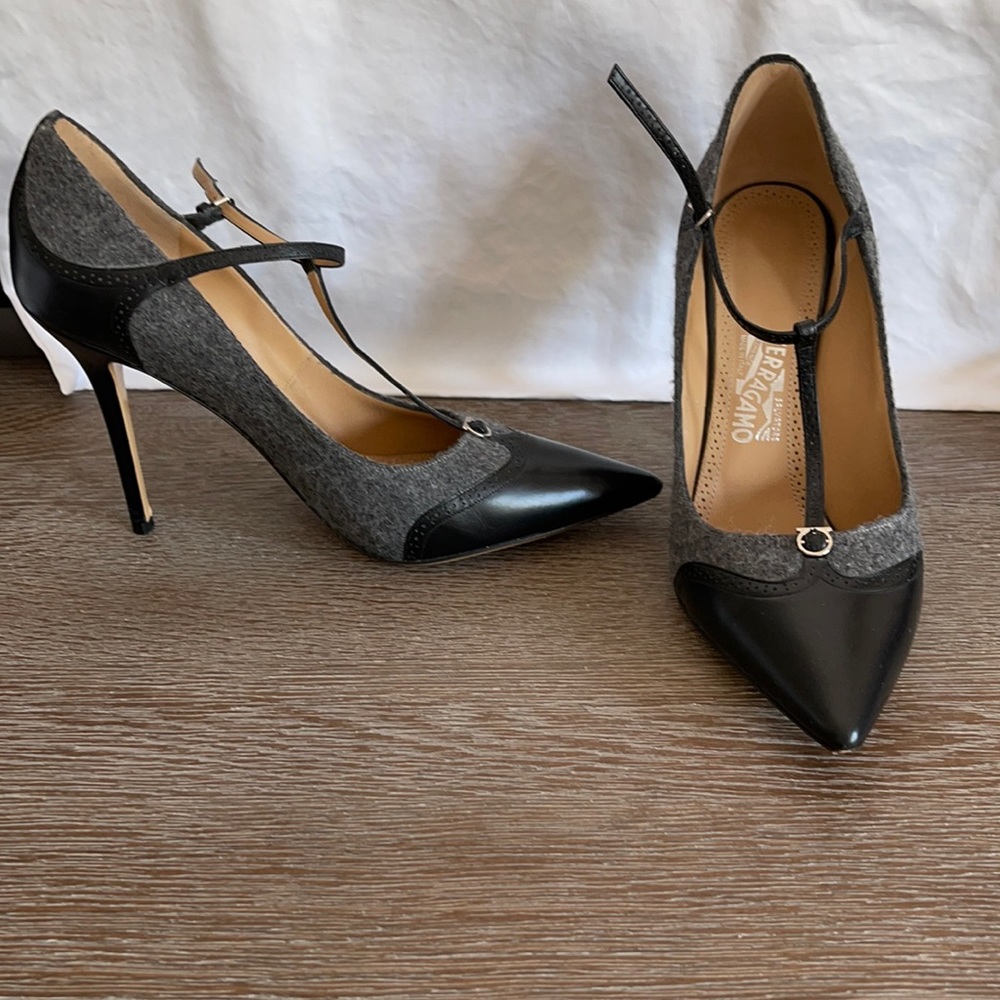 Gray wool/ leather Ferragamo t-strap pumps